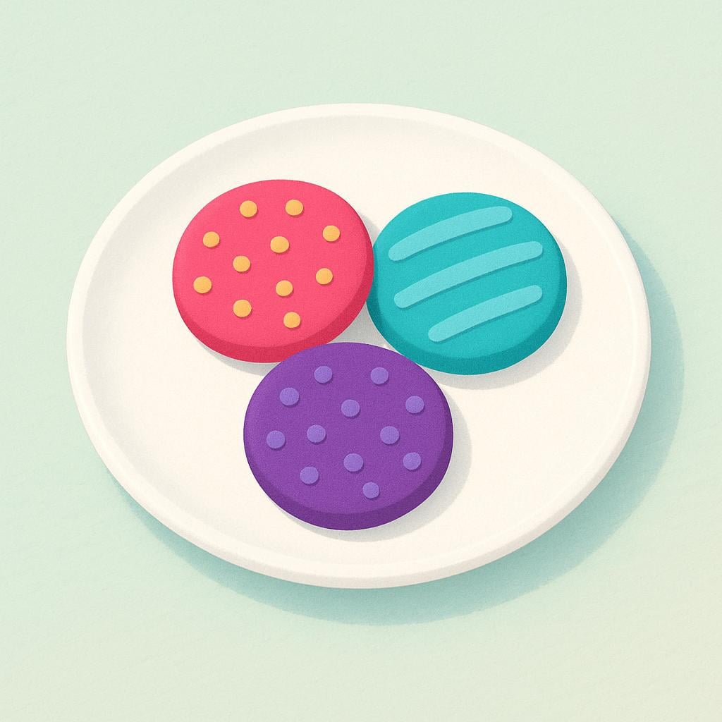 A white plate containing three cookies, illustrating the concept of things that remain or are left over.