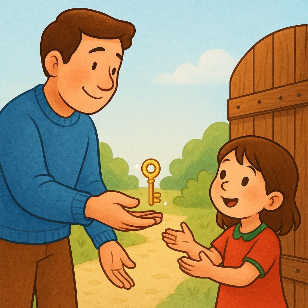 An adult figure handing a large, shiny key to a smaller child figure. The child is standing next to a slightly opened wooden gate.