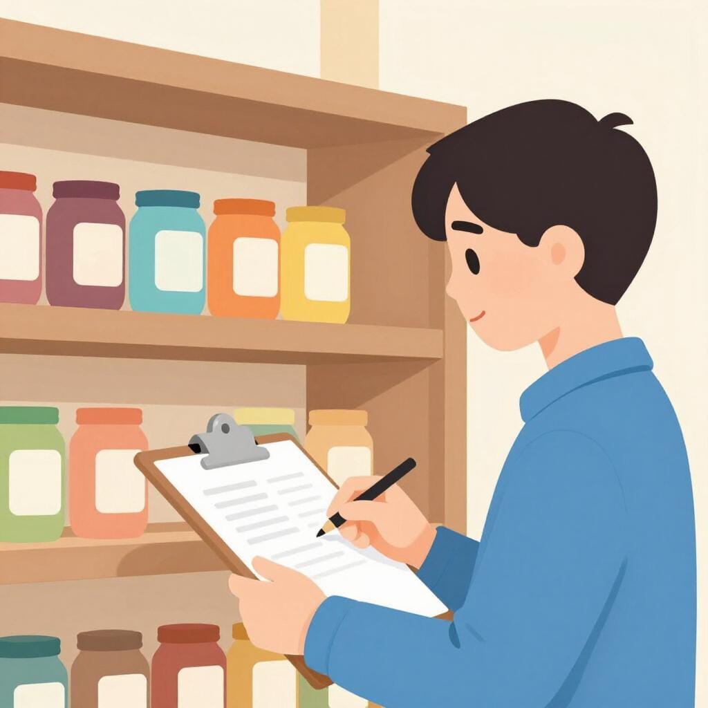 A person holding a clipboard while looking at rows of items on a shelf.