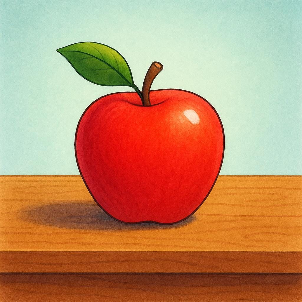 A single red apple resting on a simple wooden table in an otherwise empty, peaceful room.