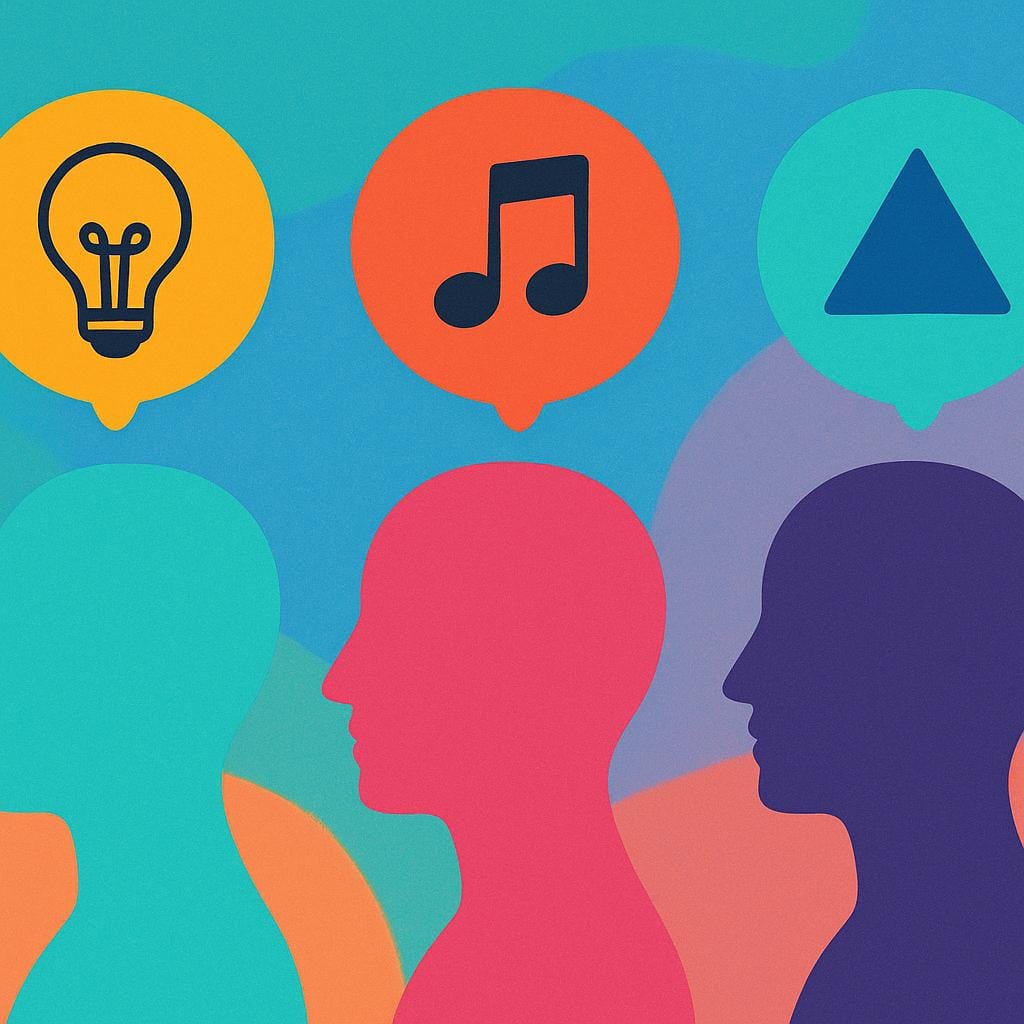 Drie gestileerde menselijke hoofdprofielen op een rij, elk met een verschillende symbolische gedachtenballon (een gloeilamp, een muzieknoot en een geometrische vorm) erboven zwevend, wat meerdere geesten voorstelt.