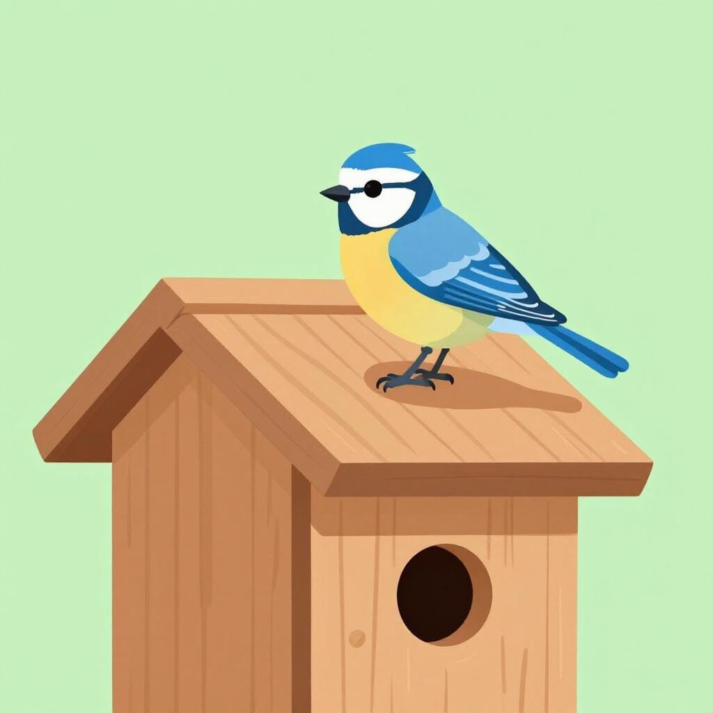 A bird sitting on the outer edge of a round wooden birdhouse.