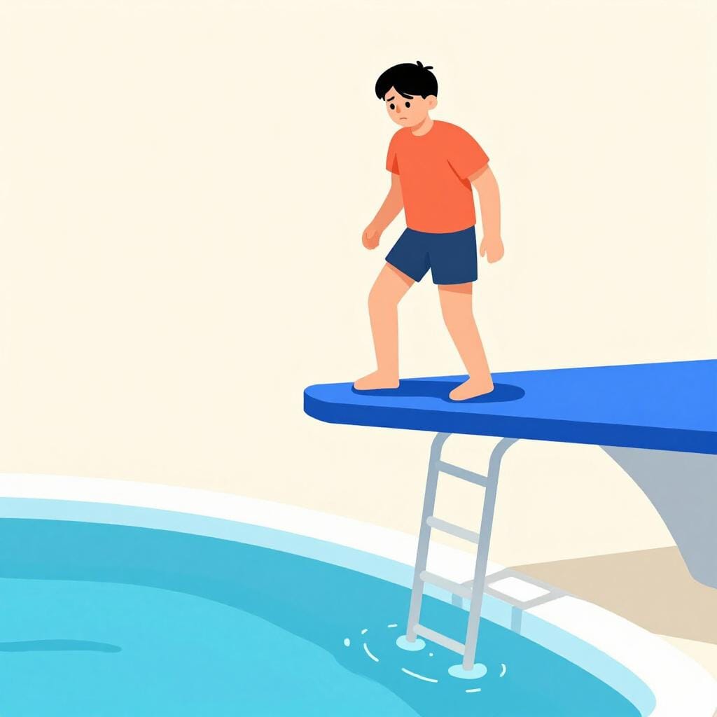 Una persona in piedi sul bordo di una piattaforma di tuffi che guarda in basso con un'espressione nervosa e fa un passo indietro.