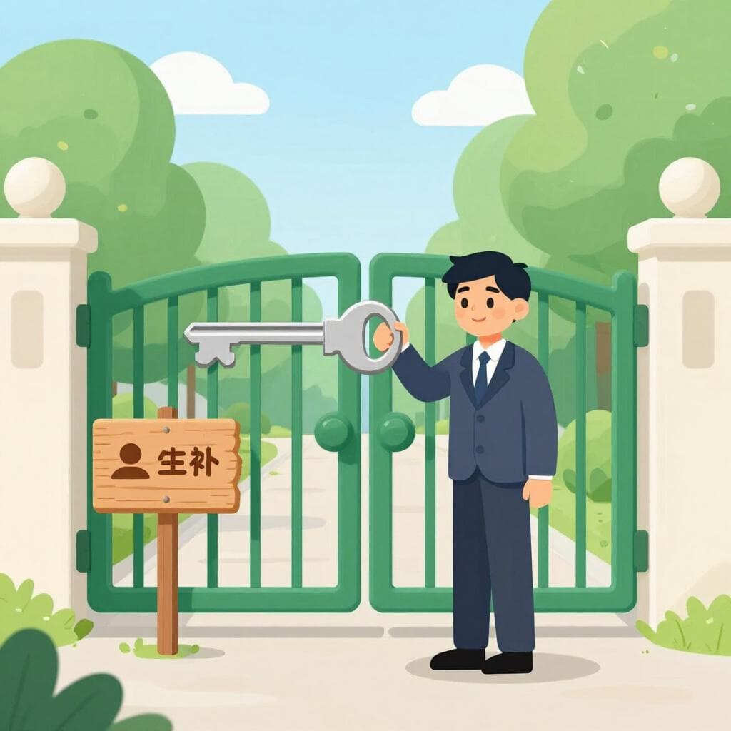 Een poort van een openbaar park die wordt ontgrendeld door een persoon in een pak, wat de overdracht van een openbare ruimte naar privébeheer symboliseert.