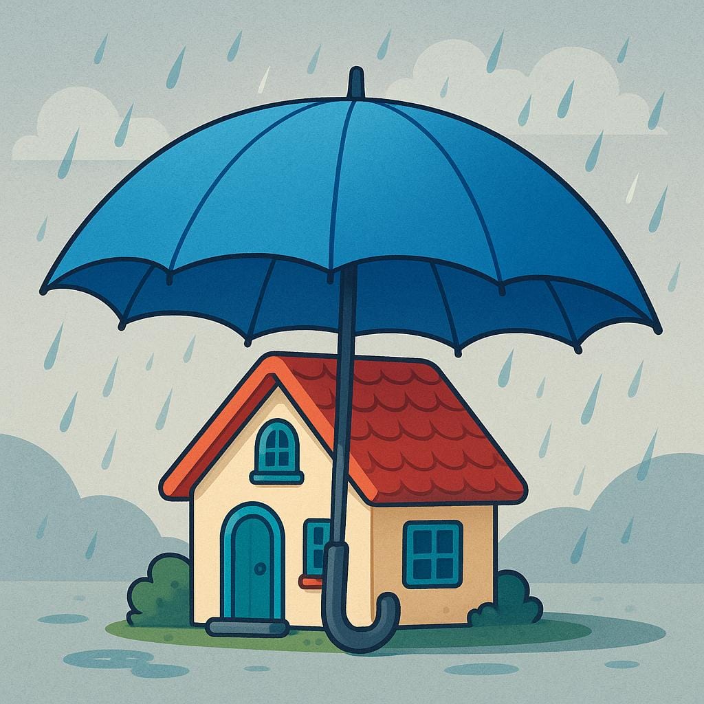 A colorful storybook illustration showing a small house being sheltered by a large blue umbrella during a light rain, symbolizing protection and coverage.