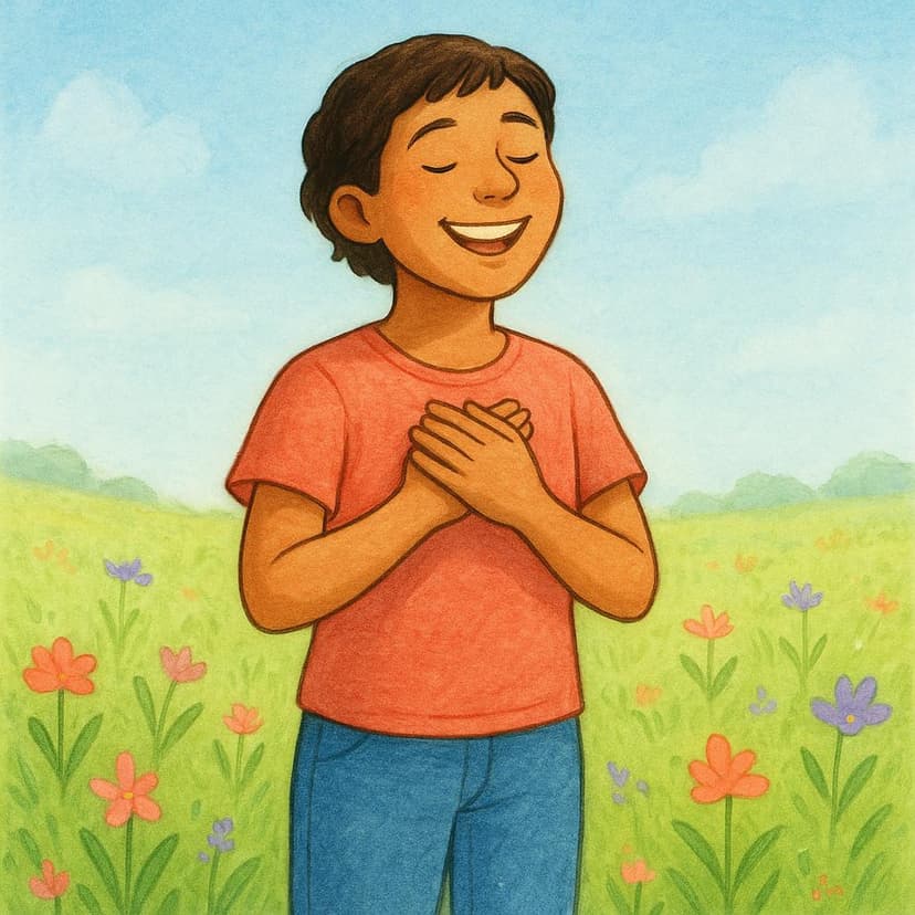 A young person standing in a sunny, vibrant field, smiling with genuine joy and hands resting over their heart, illustrating a strong positive future feeling.