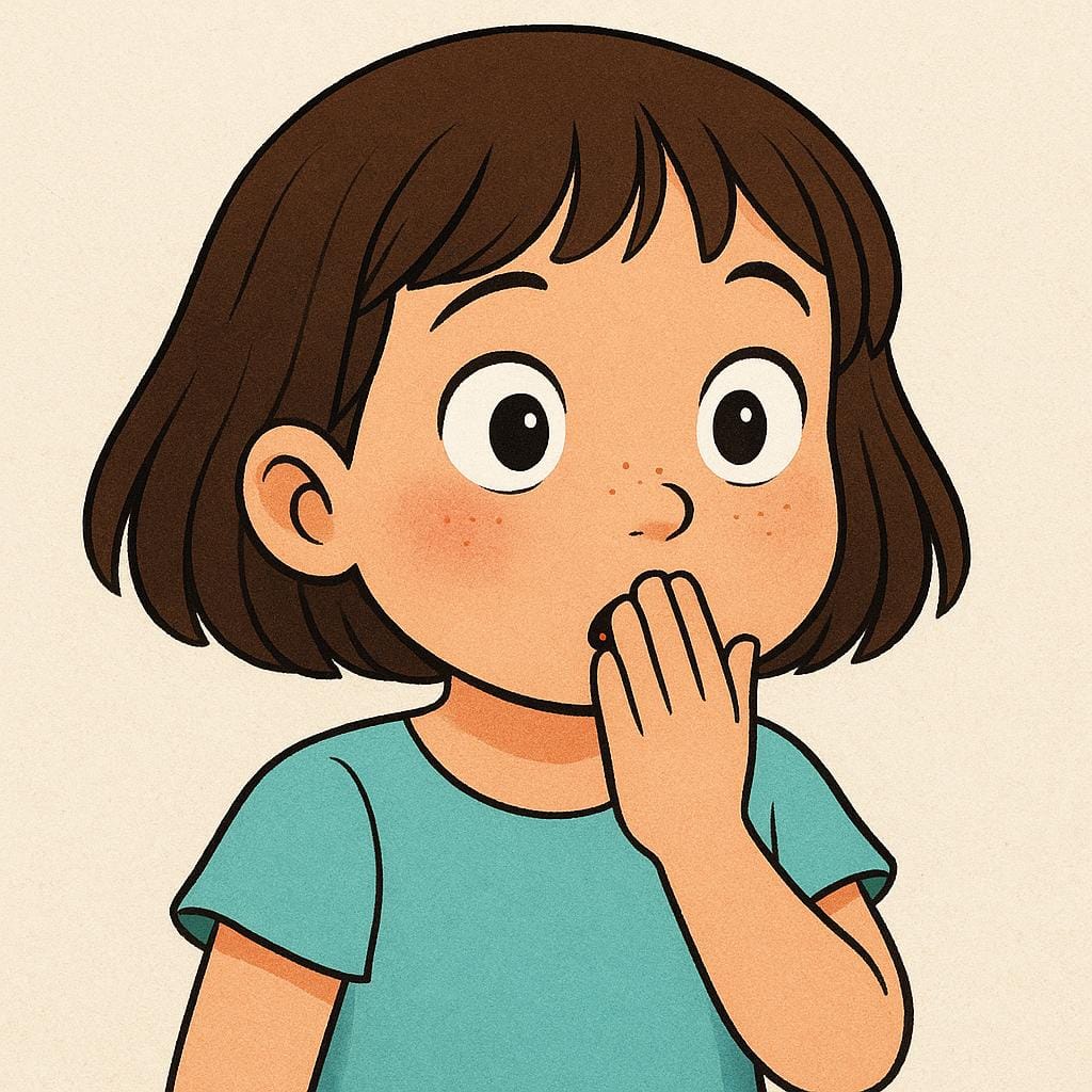 恐怖の表情を浮かべ、目を見開き、片手で口を覆っている少女のシンプルなイラスト。