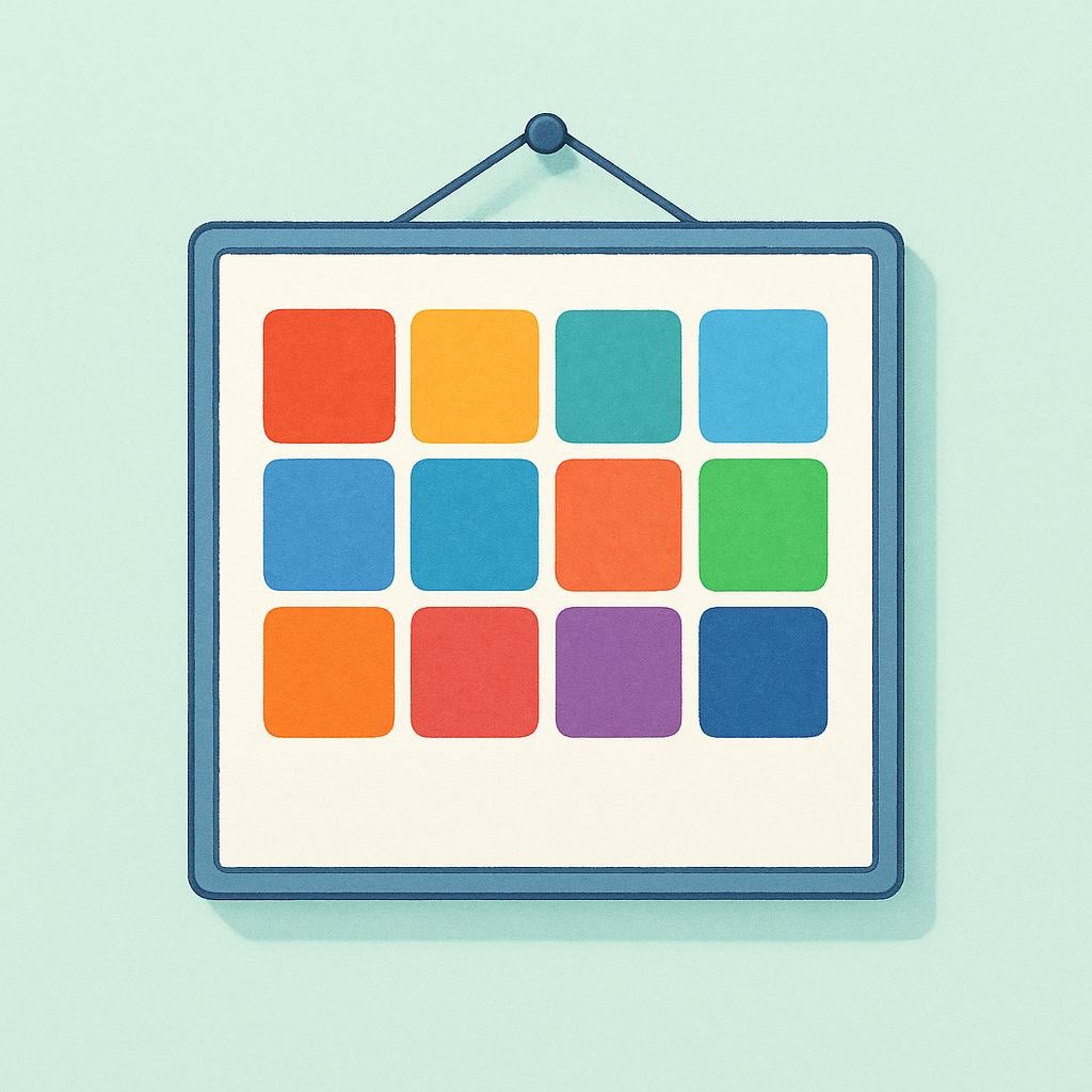 A simple wall calendar object hanging on a pastel wall, represented by several large, colorful squares arranged in a grid pattern, suggesting organized days.