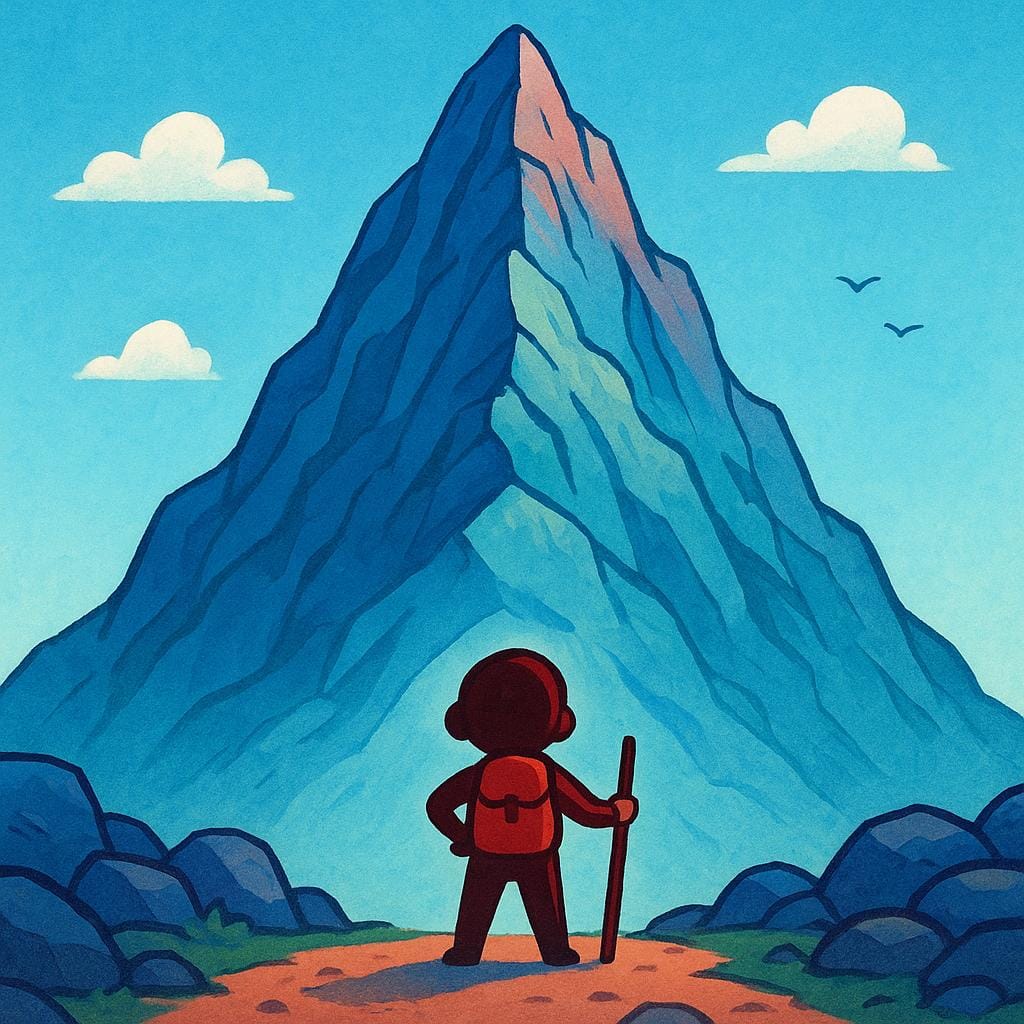 A small, determined figure standing at the base of a massive, steep, rocky mountain peak, symbolizing a difficult goal or task.