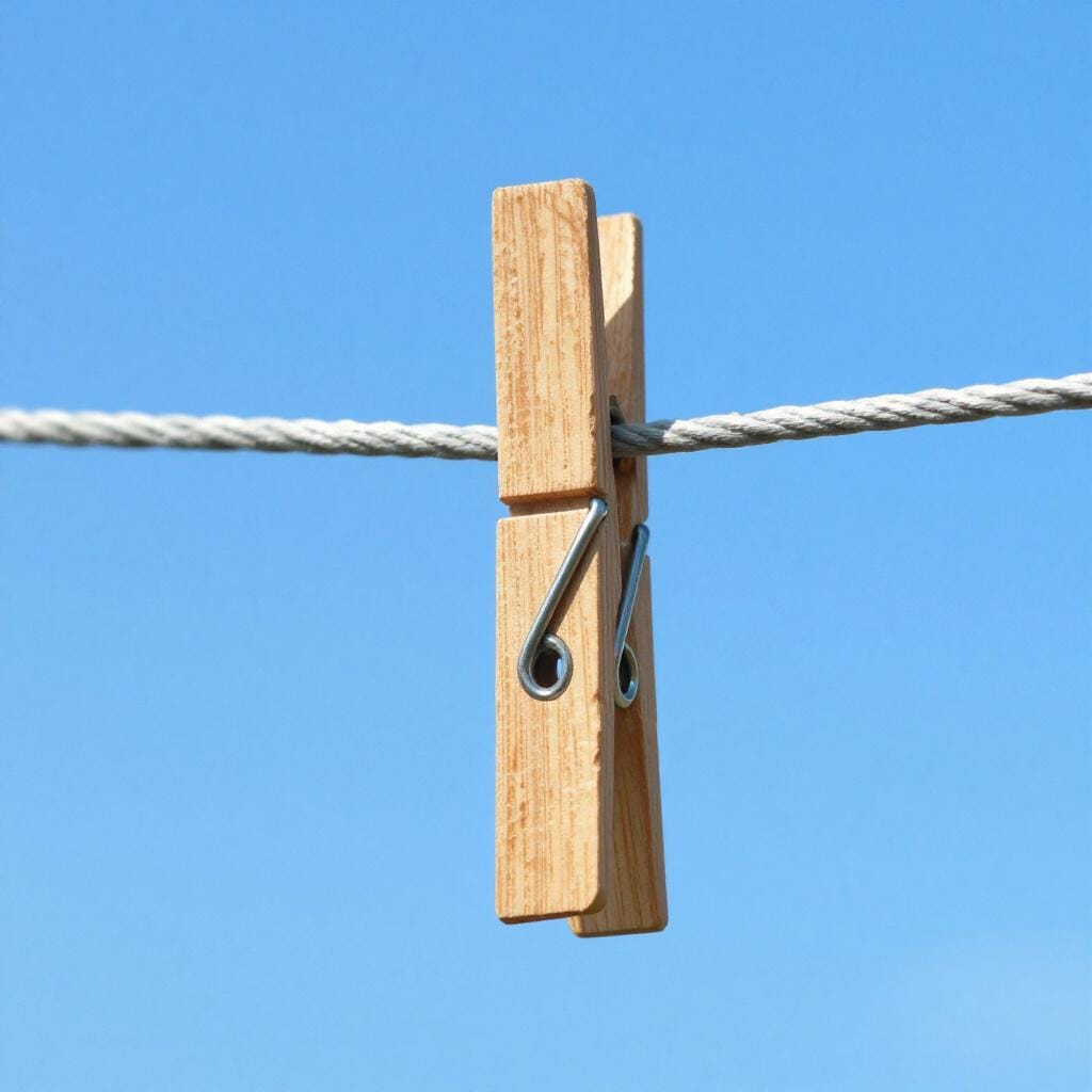 A wooden clothespin attached to a simple laundry line.