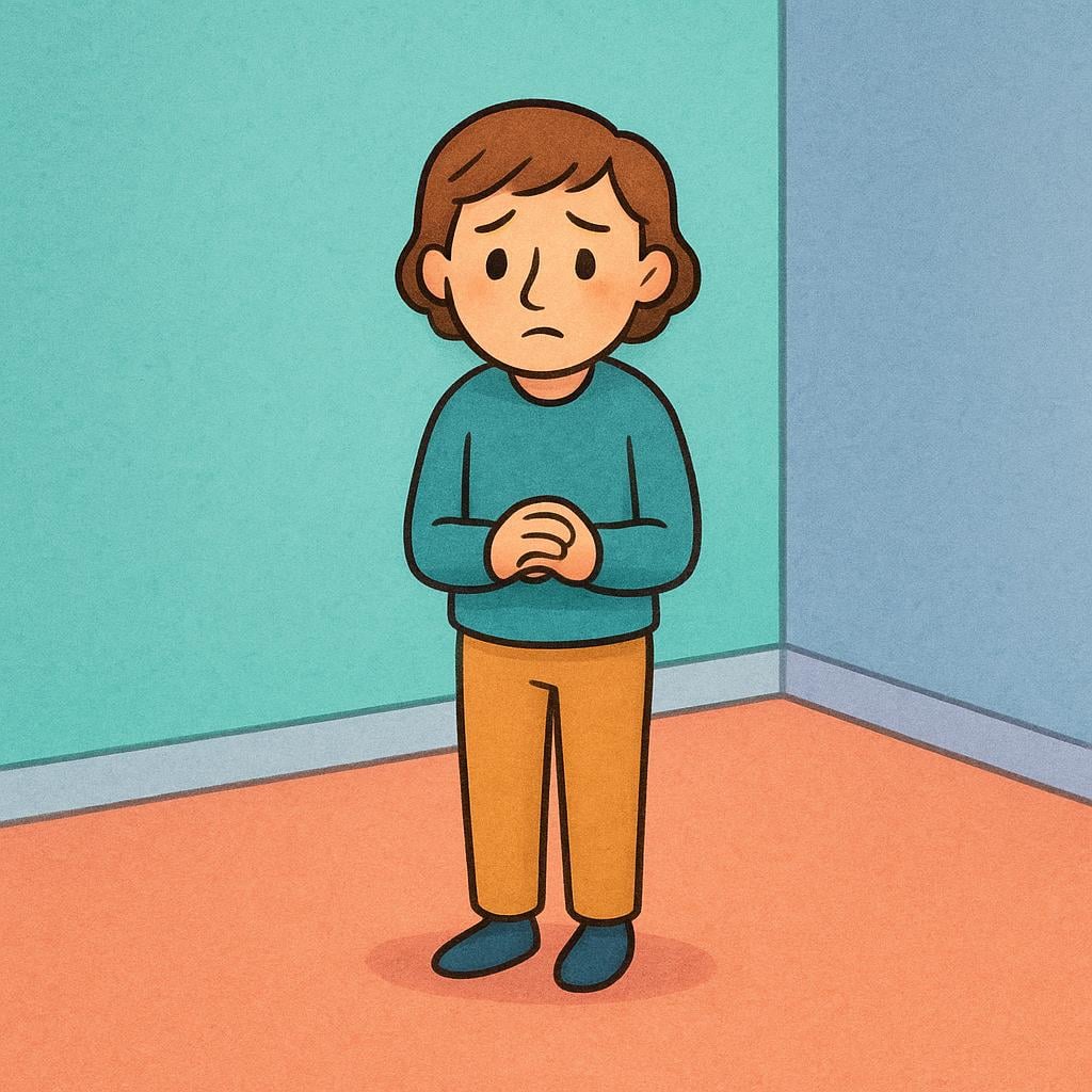 A solitary, nervous person standing in an empty room, hands clasped tightly, visualized as the subject of an investigation.