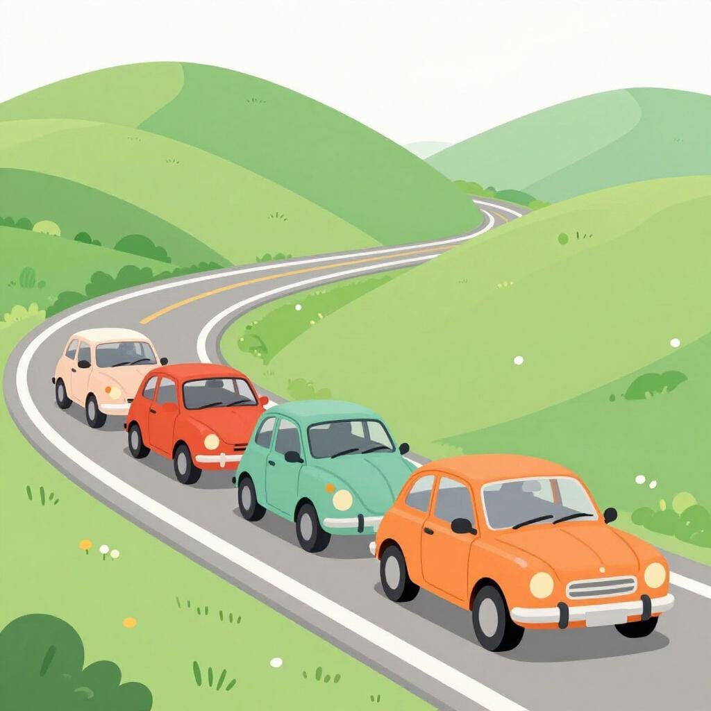 Une longue file de voitures colorées serrées les unes contre les autres sur une route.