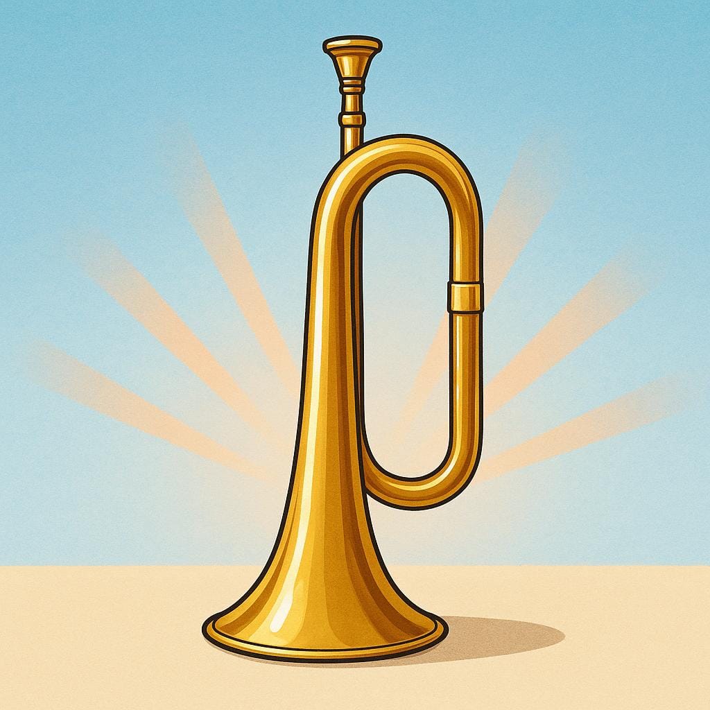 A shiny brass bugle resting on a simple surface, illuminated by bright morning sunlight.