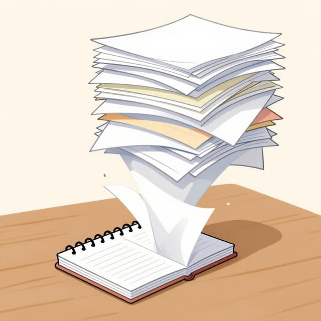 Ein großer Stapel vieler verstreuter Papiere, der zu einem kleinen, ordentlichen Notizbuch komprimiert wird.