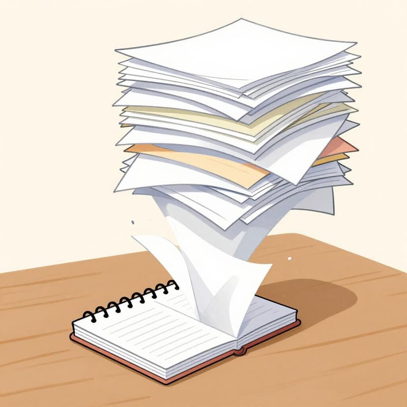A large pile of many scattered papers being compressed into one small, neat notebook.