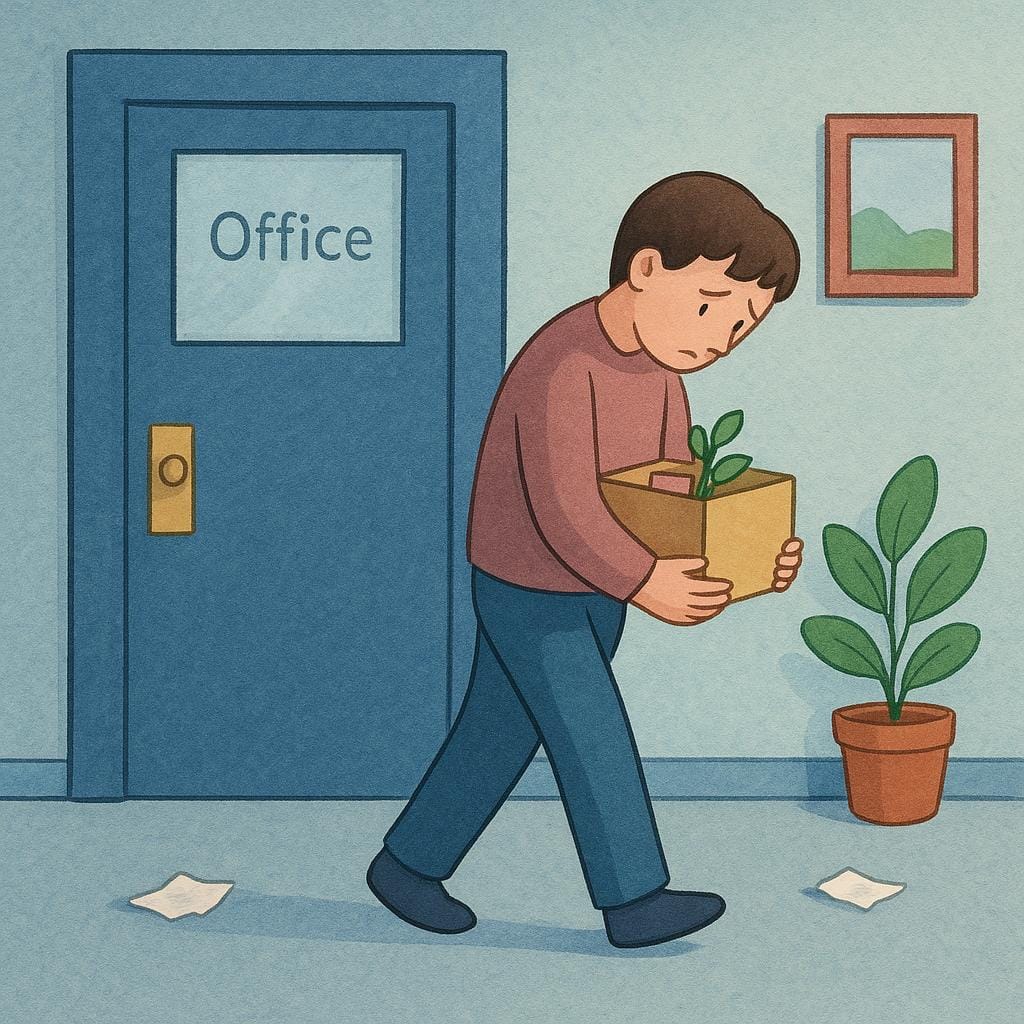Uma ilustração simples de livro de histórias mostrando uma pessoa triste carregando uma pequena caixa de papelão com pertences, afastando-se de uma grande porta de escritório fechada.