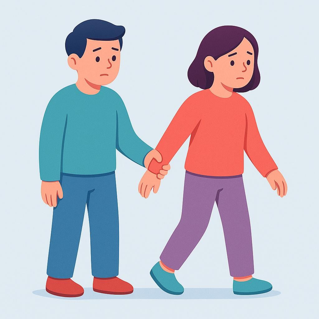 A simplified illustration showing one person gently but firmly grasping the wrist and arm of another person, preventing them from moving forward, symbolizing detention.