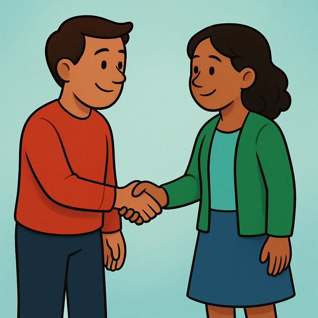 Deux personnes se tenant l'une en face de l'autre, se serrant fermement la main pour confirmer un plan ou un arrangement pour une future rencontre.