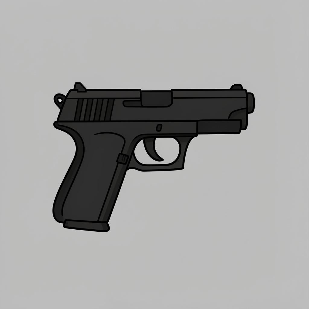 A simple depiction of a handgun laying flat on a neutral surface.