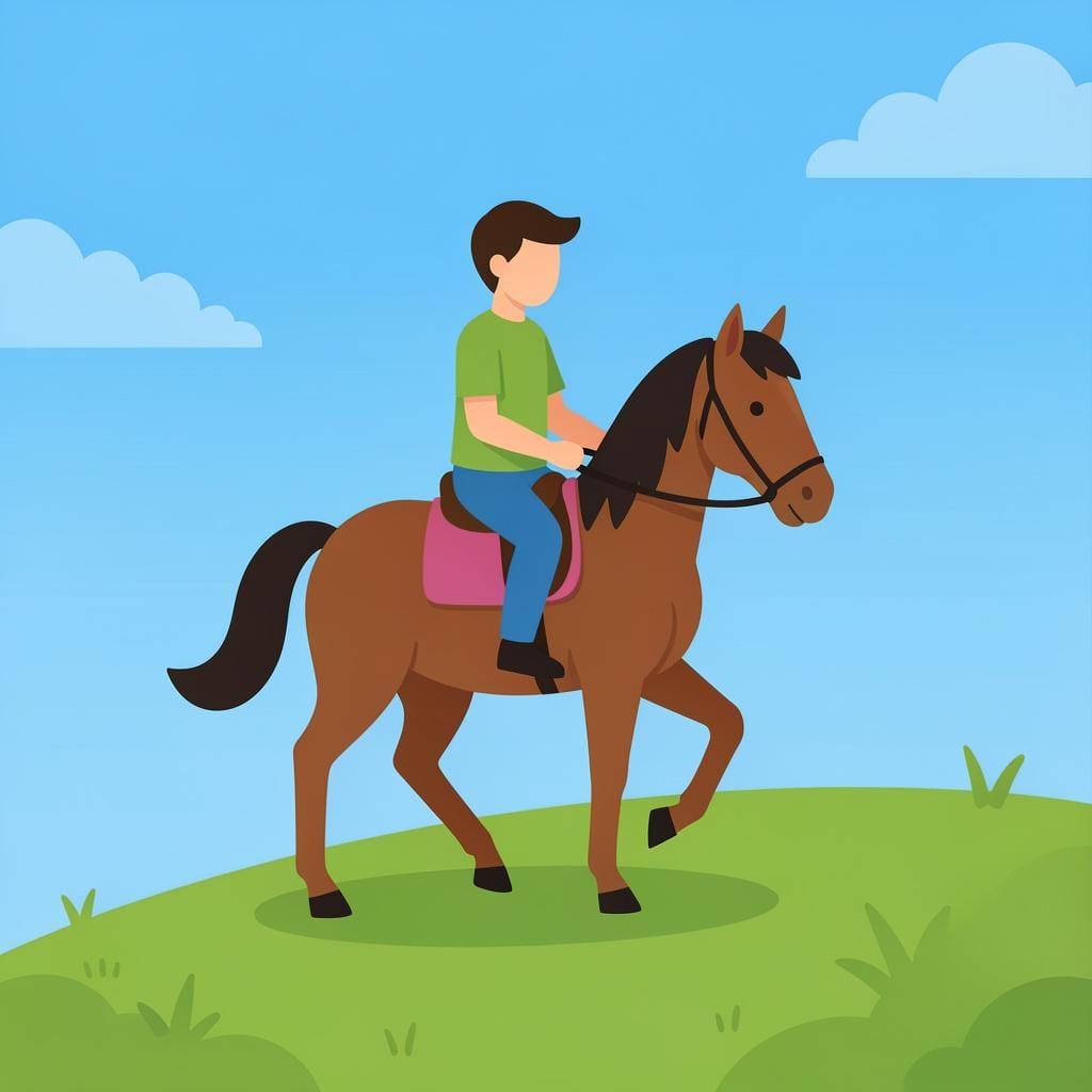 Een persoon die op een bruin paard rijdt op een eenvoudig groen veld.