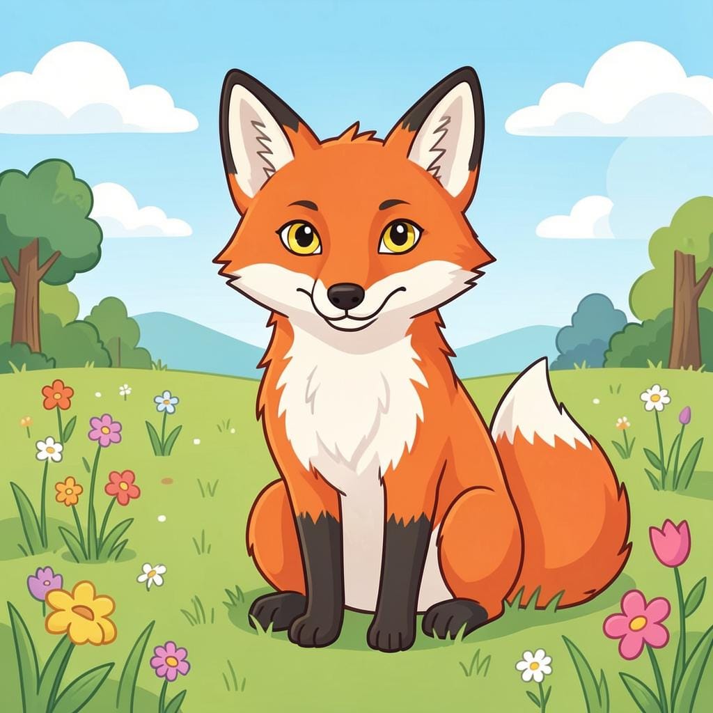A high quality storybook illustration of a clever fox looking very sharp and attentive.