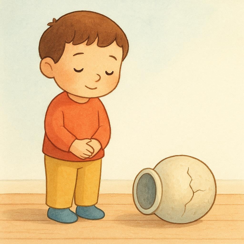 A child stands next to a tipped-over, slightly cracked ceramic jar on the floor, looking down with a gesture of accepting responsibility for the damage.
