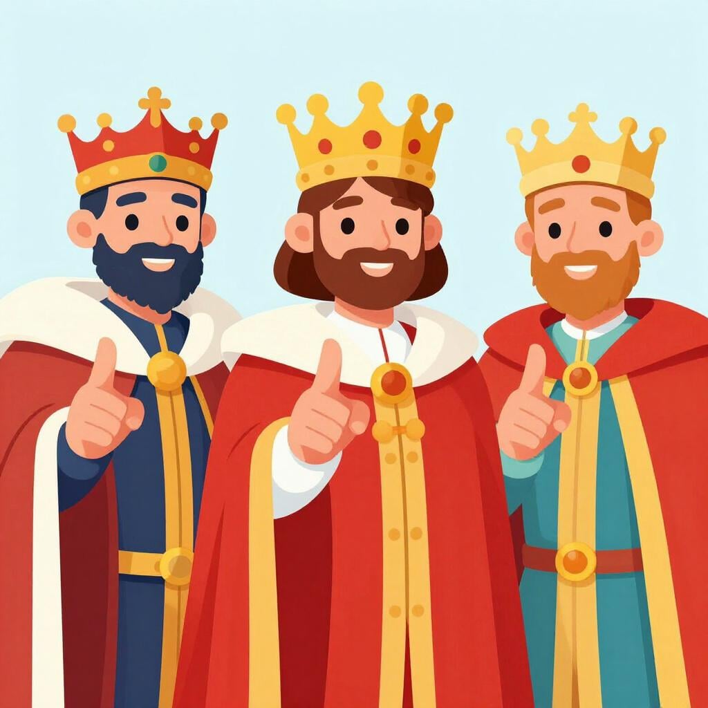 A group of kings and queens in royal attire pointing their arms forward together to give a command.