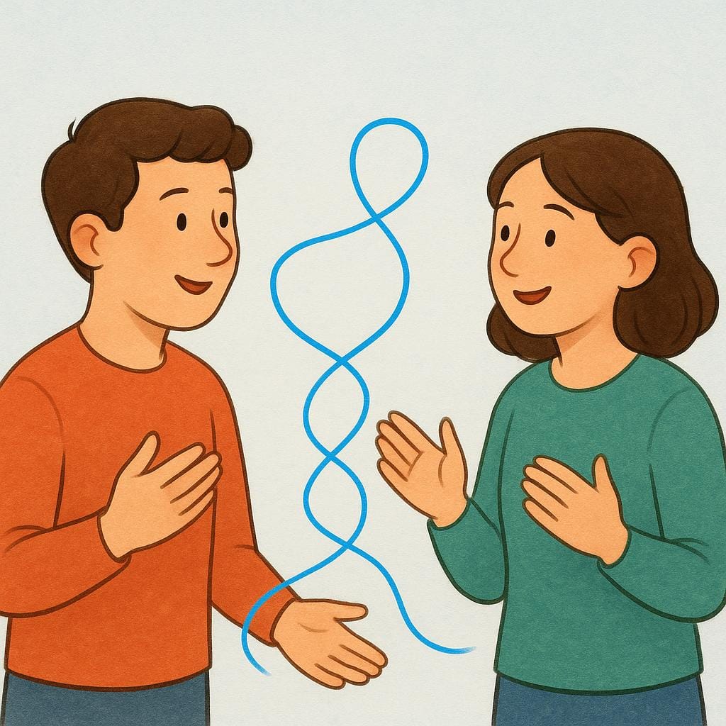 Two friendly characters facing each other and talking, visually connected by a single, continuous, brightly colored thread flowing between them, symbolizing the continuity of their dialogue.