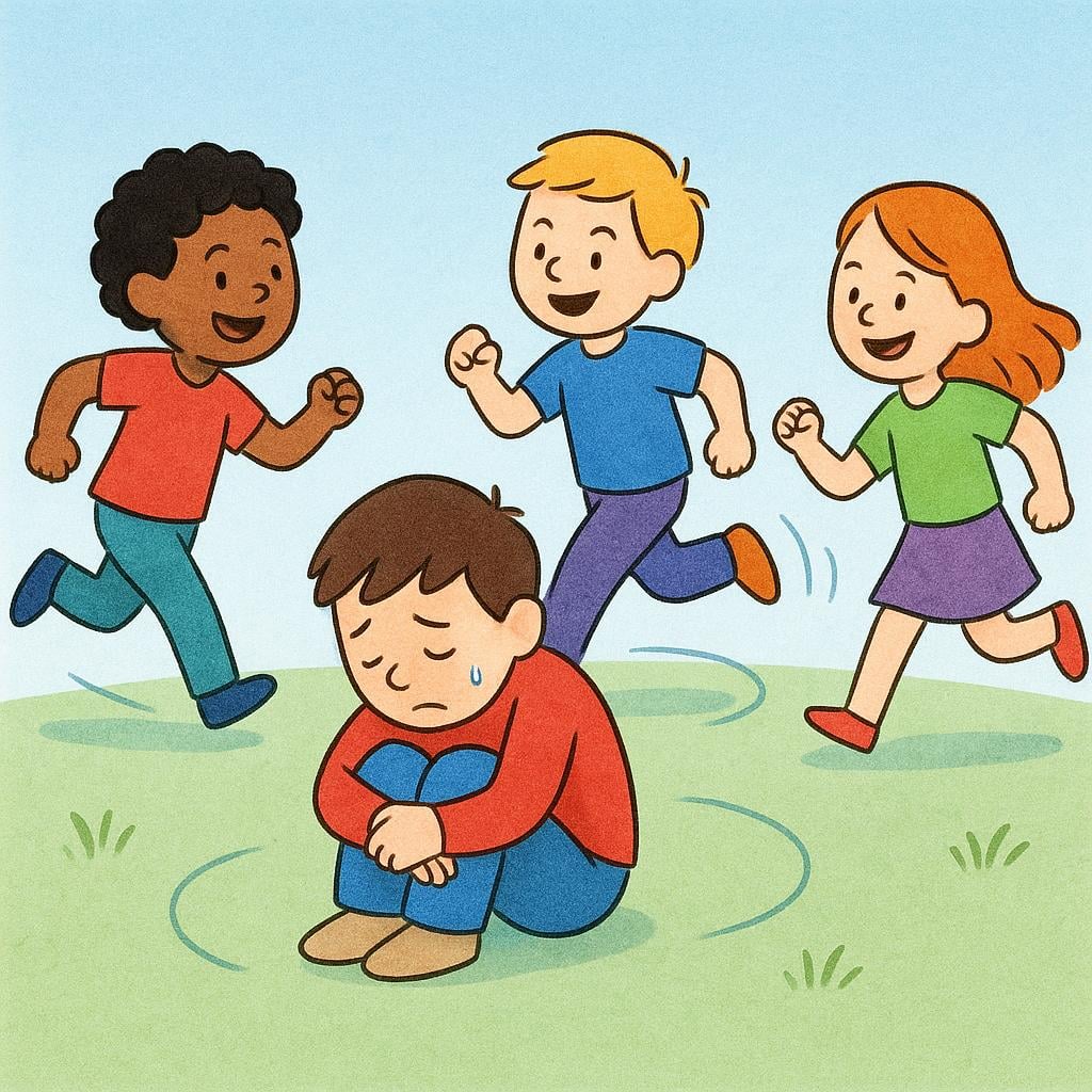 Three cheerful, energetic figures running circles around a single, slumped, visibly exhausted figure sitting on the ground with sweat drops.