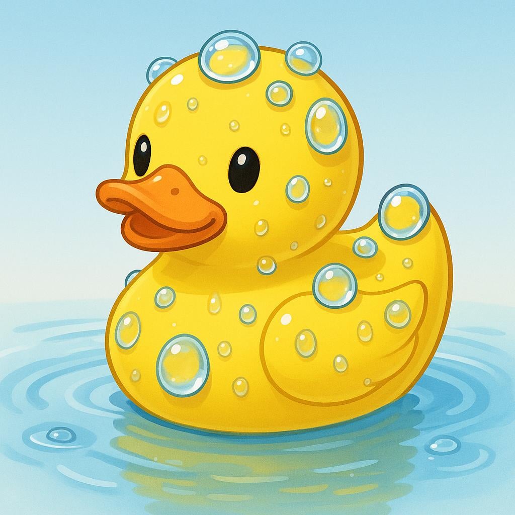 A bright yellow rubber duck sitting in a small puddle, covered in large, clear water droplets, indicating it is completely wet.