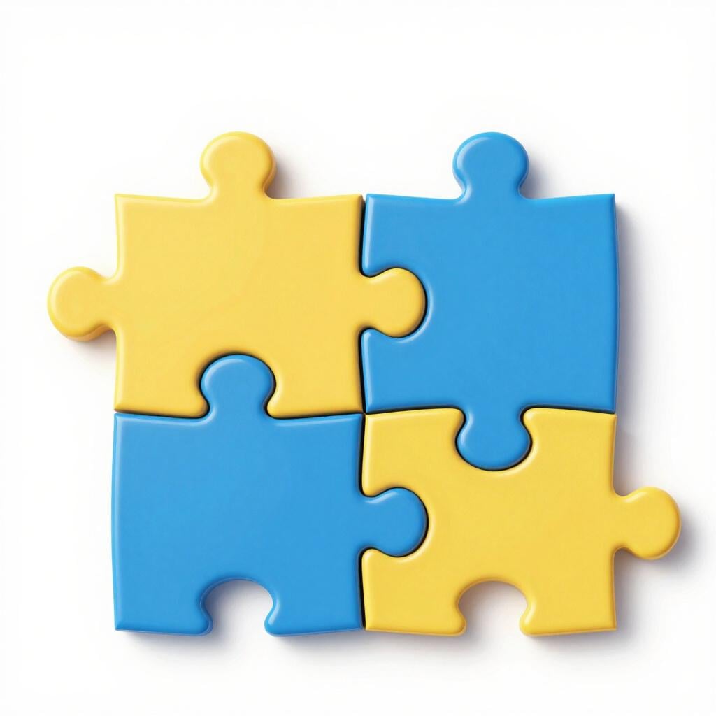 Zwei einfache, farbenfrohe, stilisierte Puzzleteile, die eng zusammenpassen und eine intime Verbindung symbolisieren.