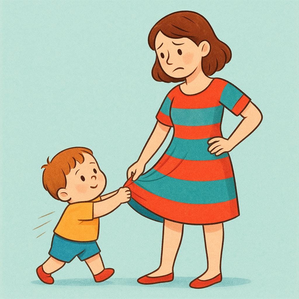 A small child is repeatedly pulling the brightly colored dress of a taller woman, who looks frustrated and slightly exasperated by the continuous disturbance.
