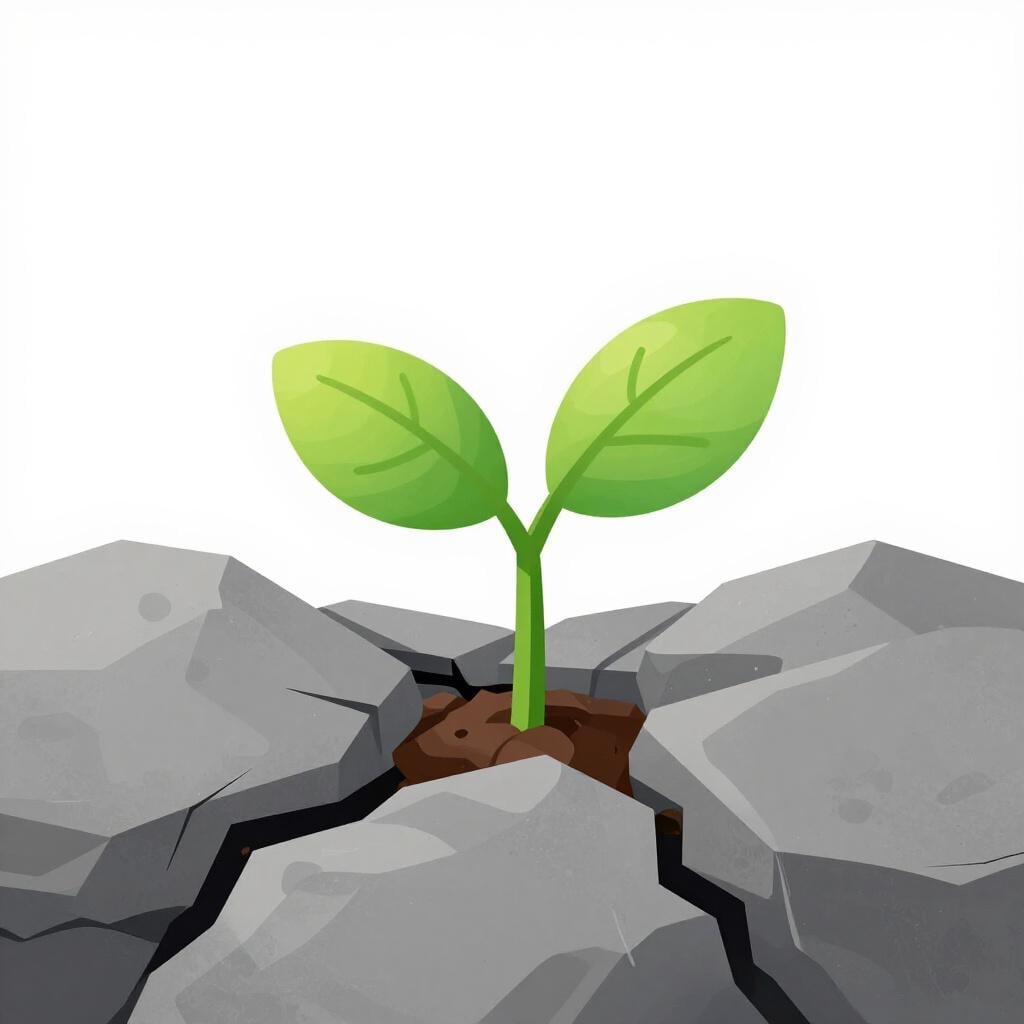 Ein kleiner grüner Setzling, der aus einem rissigen, verwitterten Stein wächst.
