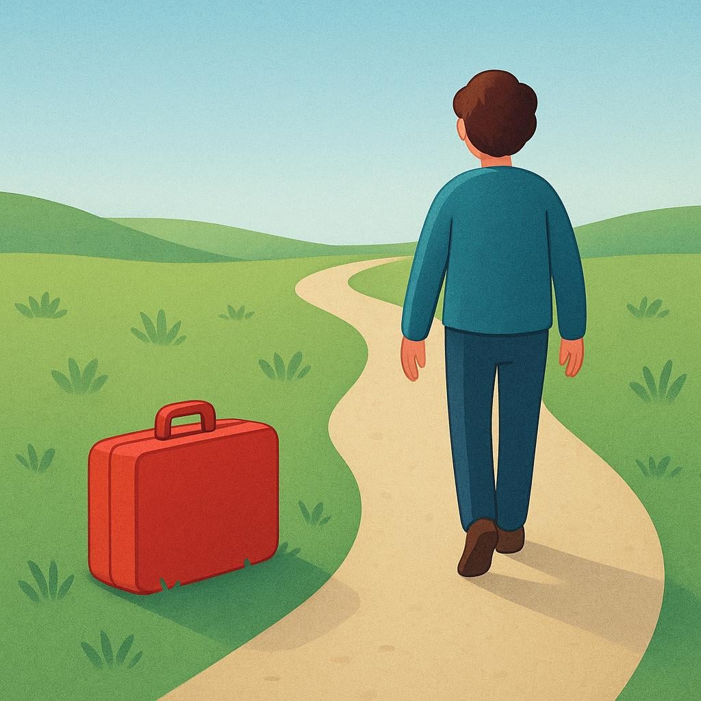 A cartoon figure walking away from a bright red suitcase they forgot or abandoned on a grassy path.