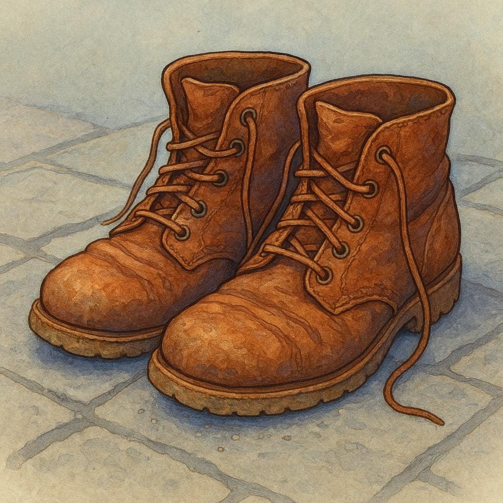 A pair of worn-out, scuffed brown leather boots sitting on a stone floor, showing clear signs of age and use.