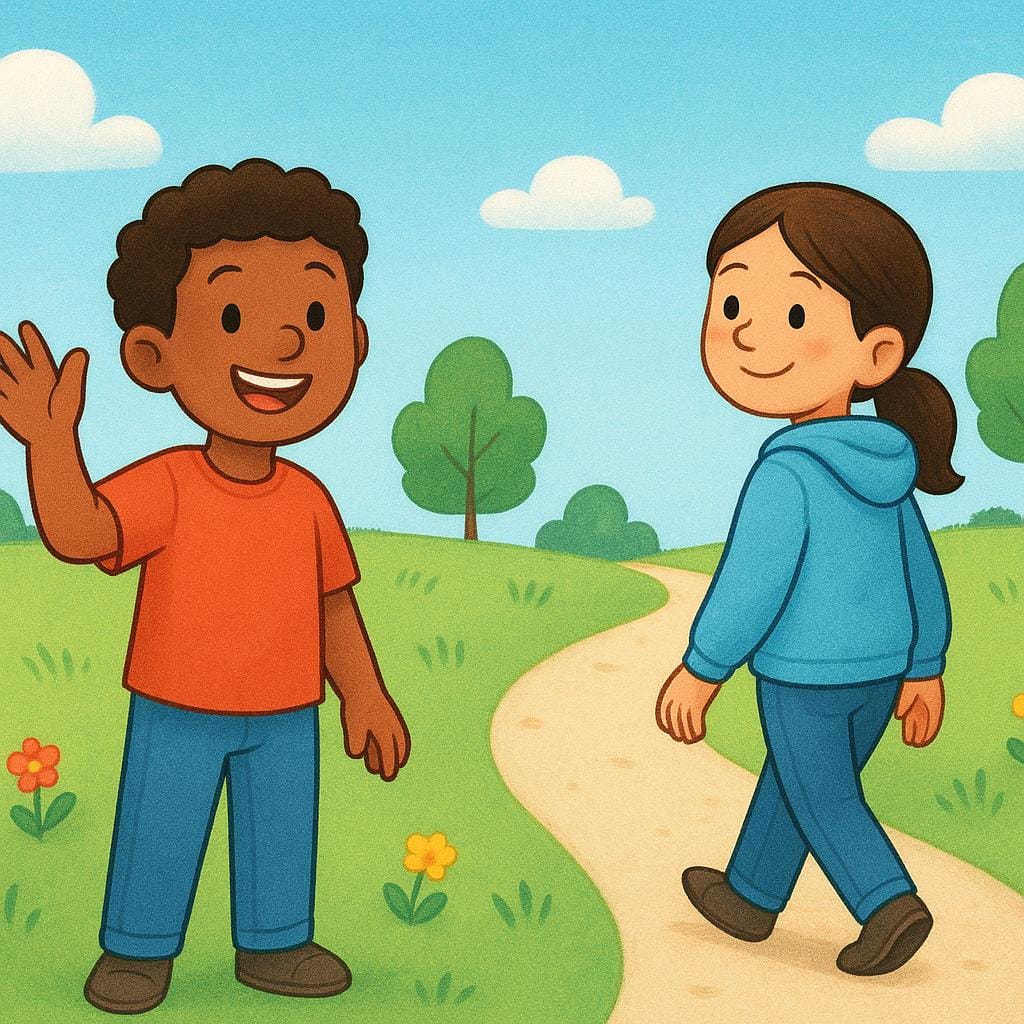 Duas figuras amigáveis paradas perto de um caminho, uma acenando para a outra que se afasta, transmitindo bons desejos.