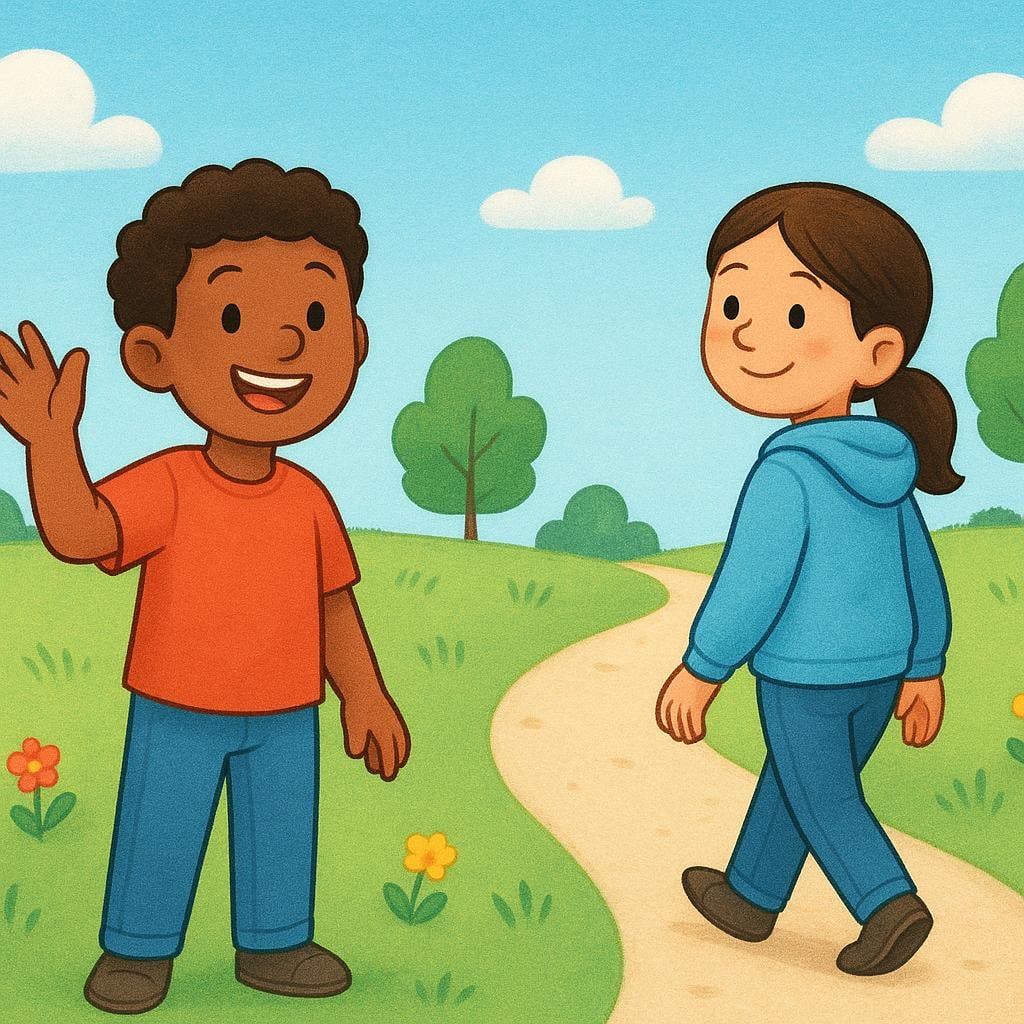 Two friendly figures standing near a path, one waving goodbye to the other who is walking away, conveying good wishes.