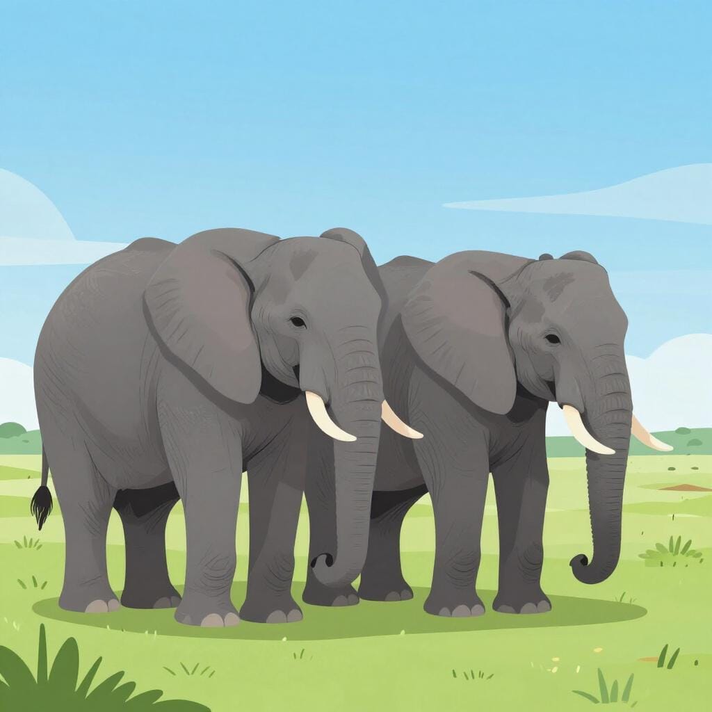 Two large grey elephants standing together in a grassy savanna with small trees in the background.