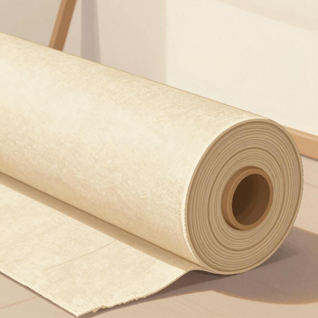A thick, textured roll of beige heavy-duty canvas fabric leaning against a wooden crate.