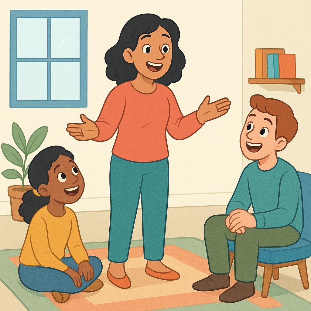 A person standing in the center of a room, speaking enthusiastically. Two listeners are sitting close by, leaning forward with delighted, captivated expressions, completely focused on the speaker.