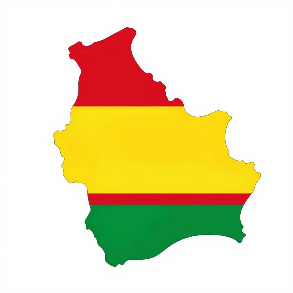 Una silhouette di mappa colorata della Bolivia riempita con i colori della bandiera boliviana: rosso, giallo e verde.