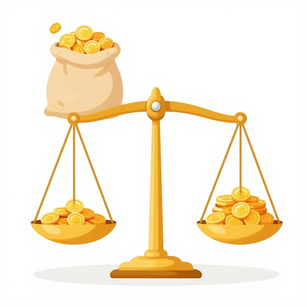 A golden scales of justice being tipped by a heavy bag of gold coins.