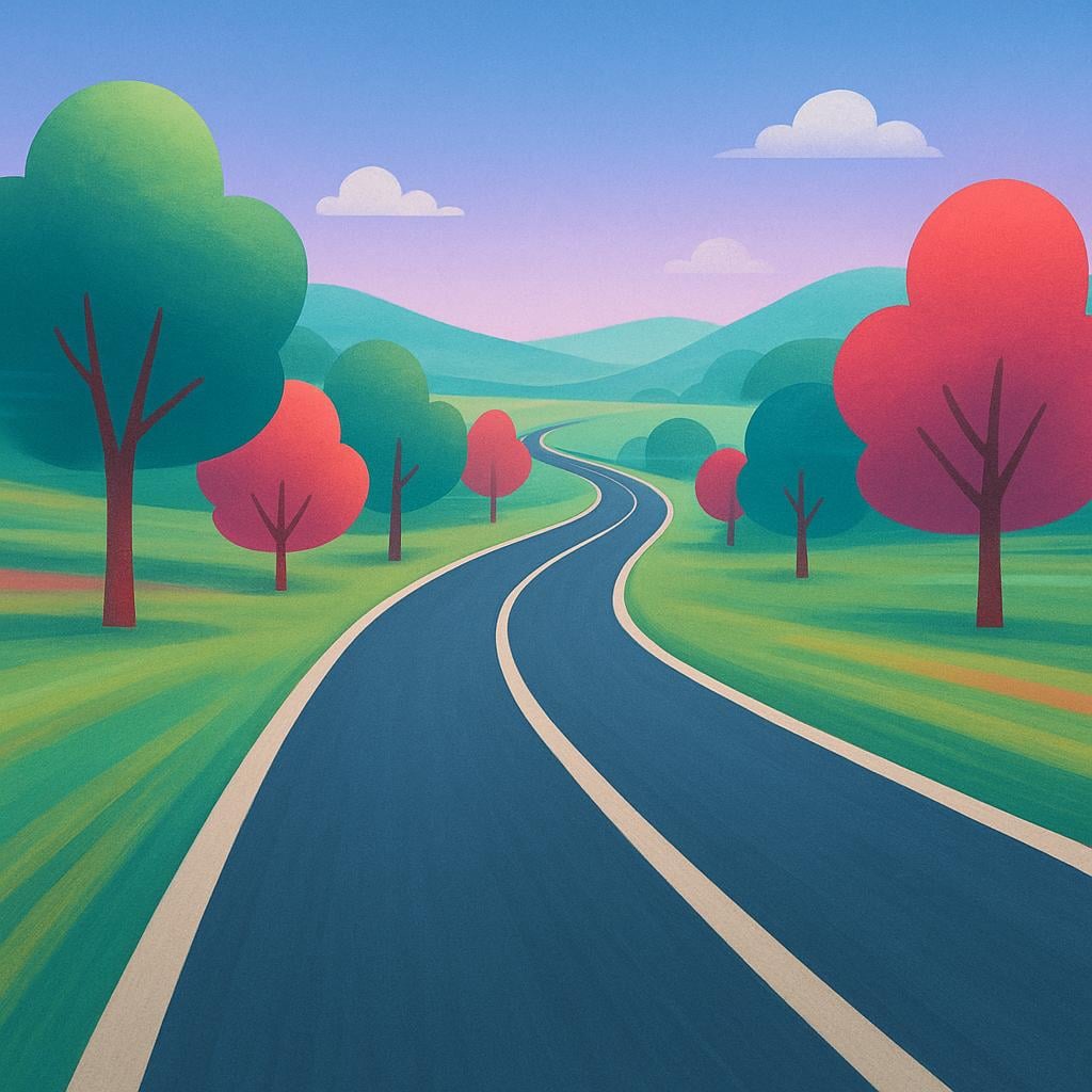 A winding path leading through a landscape where the surrounding trees and scenery are horizontally blurred to visually represent speed and the rapid passage of time.