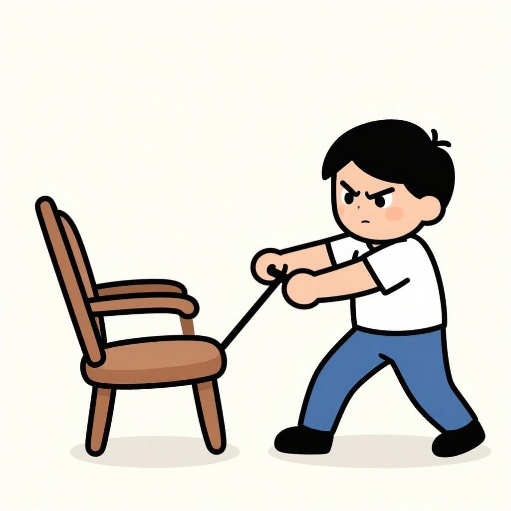 Eine bunte Bilderbuchillustration einer mürrischen Person mit bösem Gesichtsausdruck, die einen Stuhl wegzieht, auf den jemand gerade sitzen will.