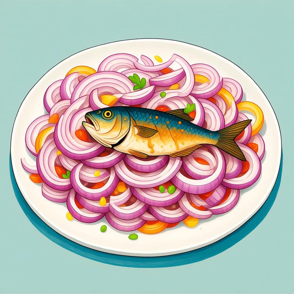 A small, cooked fish fillet on a plate being completely buried and overwhelmed by massive, bright onion slices, illustrating the overpowering of flavor.
