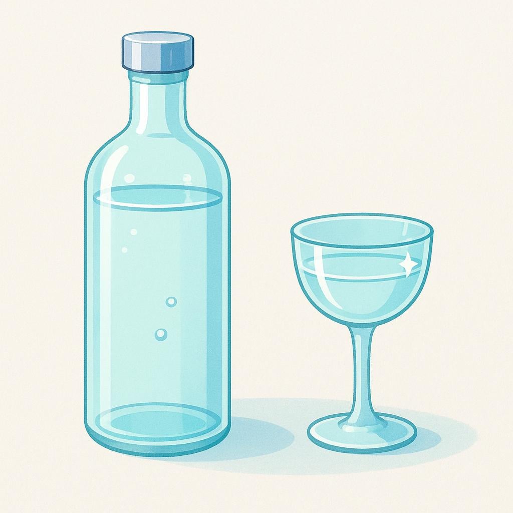 A tall, clear glass bottle containing a clear spirit, positioned next to a small, empty stemmed cocktail glass, illustrating the alcoholic drink.