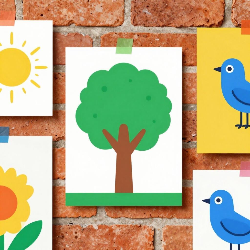 A collection of colorful posters showing a landscape, a bird, and a flower taped to a brick wall.