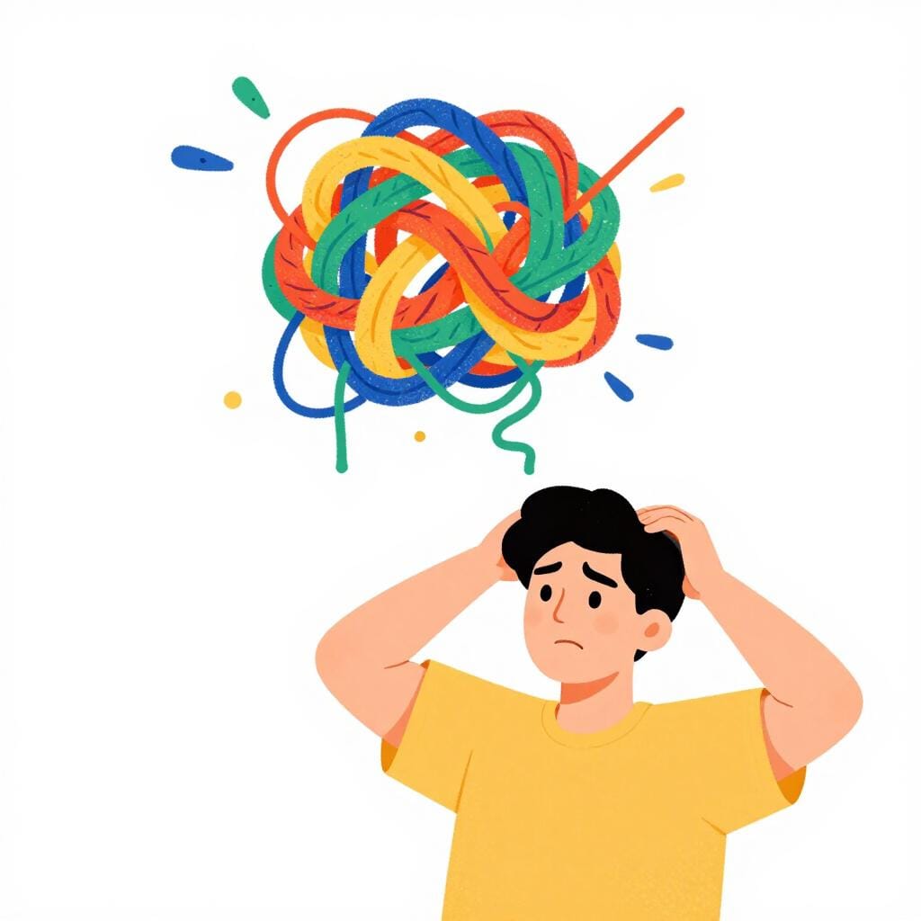 A person looking confused and scratching their head while standing in front of a giant, tangled ball of colorful yarn.