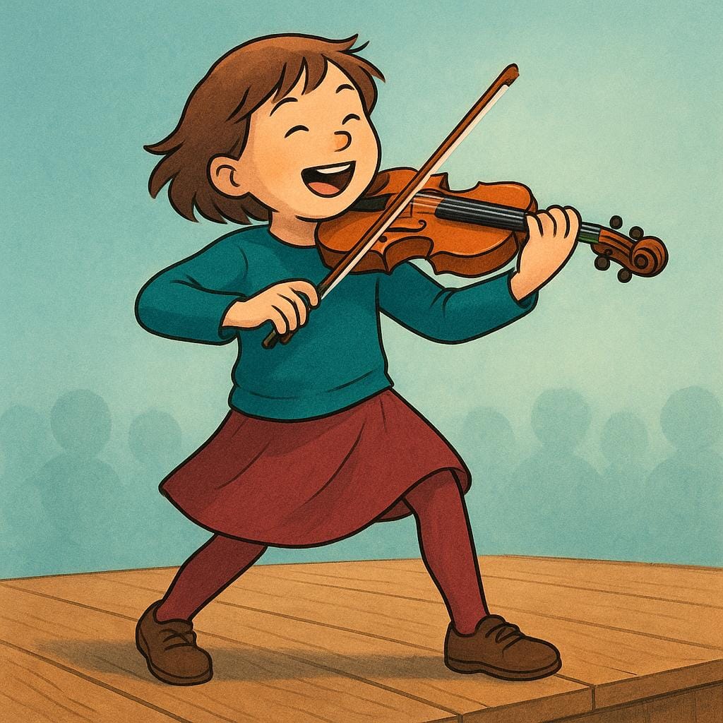 A young, intensely focused musician expertly playing a complex piece on a violin on a simple stage, illustrating prodigious skill.