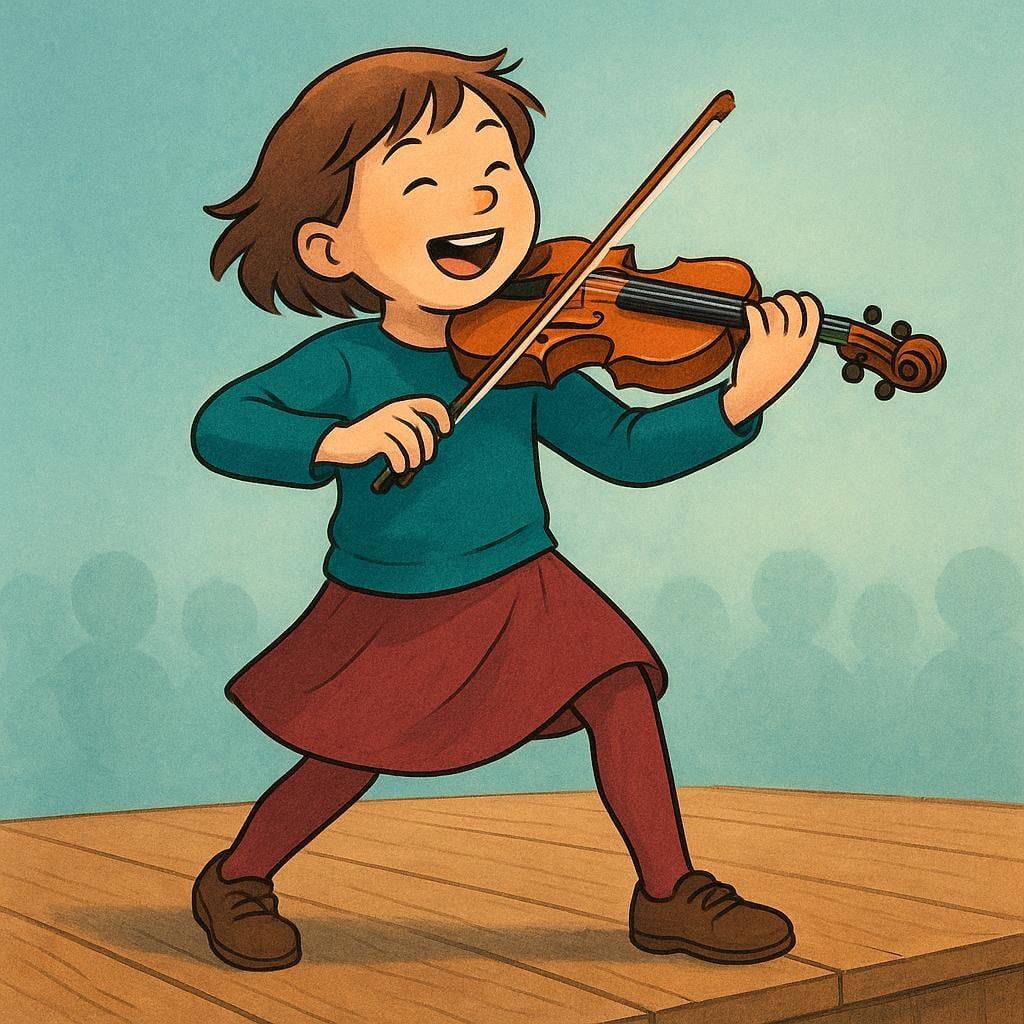 A young, intensely focused musician expertly playing a complex piece on a violin on a simple stage, illustrating prodigious skill.